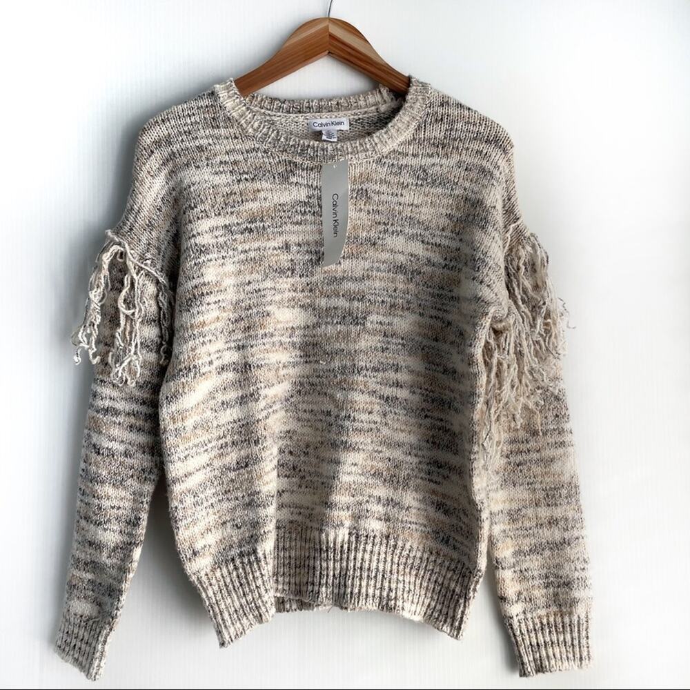 🆕 Calvin Klein fringe sleeve Crewneck long sleeve sweater white and Gray Small